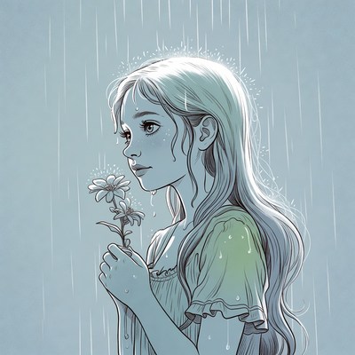 Girl holding flower in rain