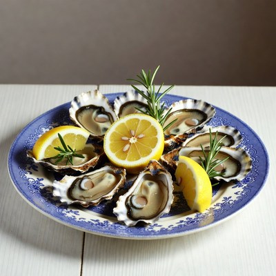 Fresh oysters with lemon on a plate