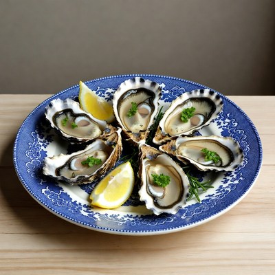 Fresh oysters on a blue plate