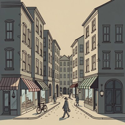 People walking in quiet street scene