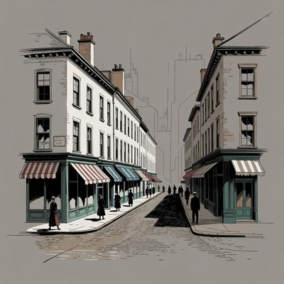 Historic street scene with people walking