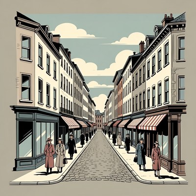 Classic street scene with people walking