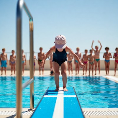 Child prepares to jump from diving board