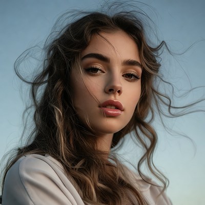 Young woman with wind-blown hair in the sky
