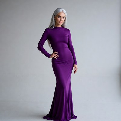 Woman in purple dress poses
