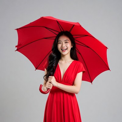 Smiling girl with red umbrella