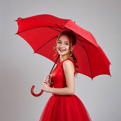 Girl in red dress holding an umbrella