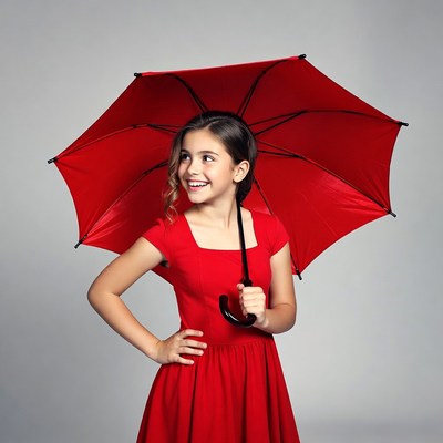 Girl with red umbrella smiling indoors