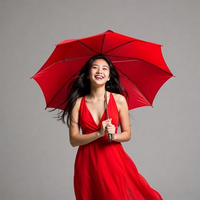 Woman with red umbrella in studio