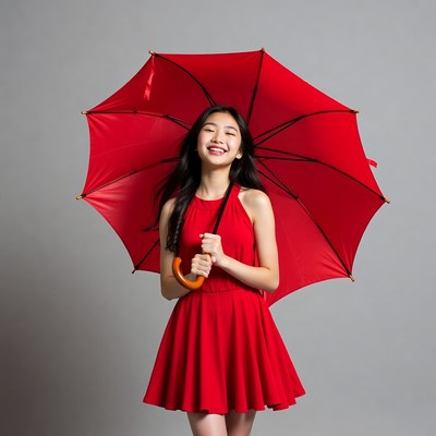 Girl with red umbrella in studio