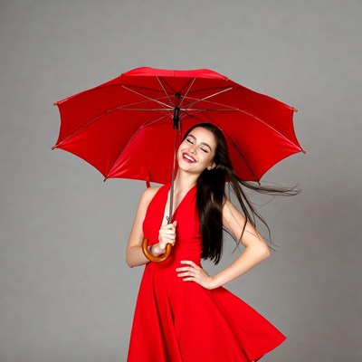 Woman holding red umbrella indoors