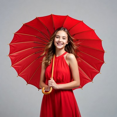 Girl with red umbrella indoors