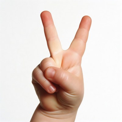 Hand shows peace sign in bright setting