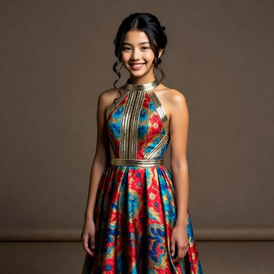 Young woman in colorful dress
