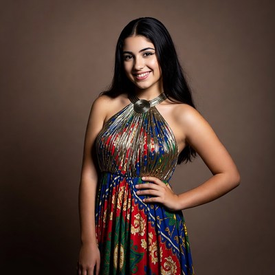 Young woman in colorful dress poses