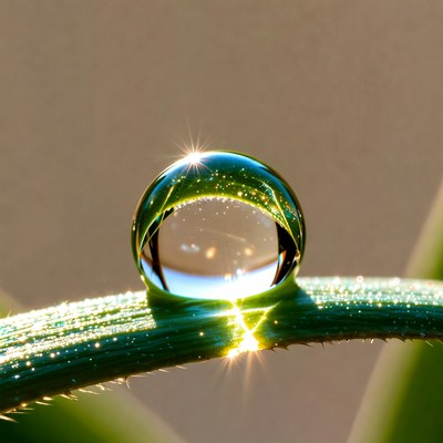 Water droplet on green leaf in sunlight