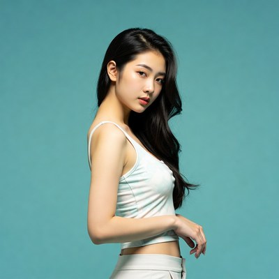 Woman posing against blue background