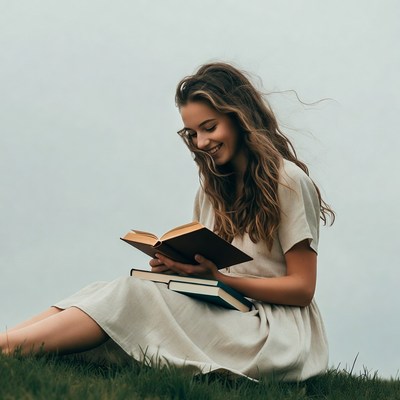 Reading books on grassy hill