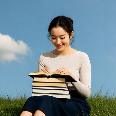 Reading a book outdoors in clear weather