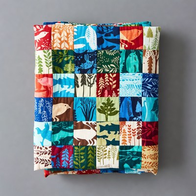 Colorful quilt with animal and nature patterns
