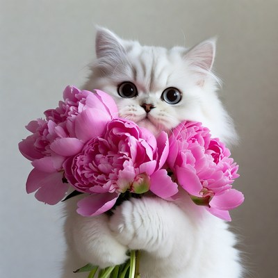 Cat holding pink flowers in its paws