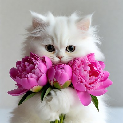Fluffy cat holds pink flowers