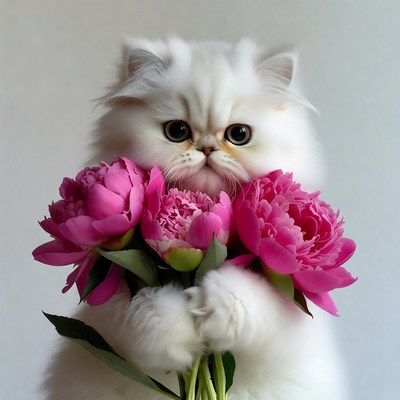 Cat holds pink flowers in hands