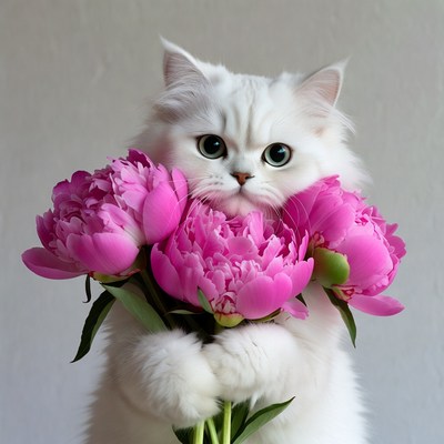 Cat holds peonies in its paws