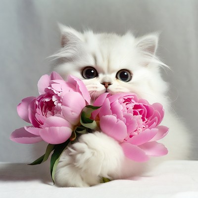 White kitten holds flowers