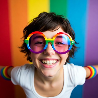 Colorful glasses and rainbow backdrop