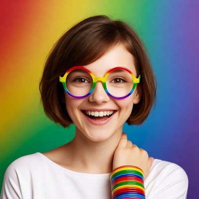 Girl with colorful glasses on rainbow background