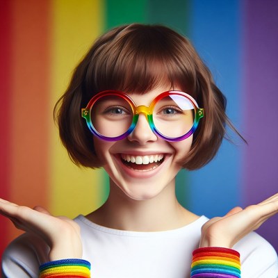 Young person in rainbow glasses smiles