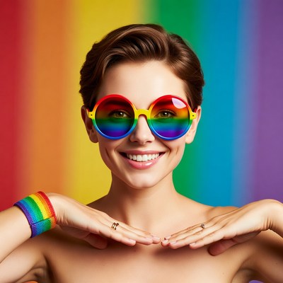 Person in rainbow sunglasses poses for fun
