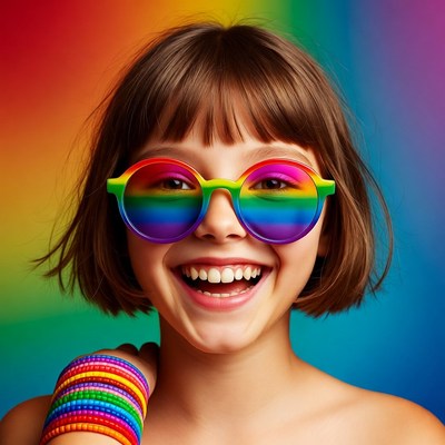 Girl with rainbow sunglasses smiles brightly