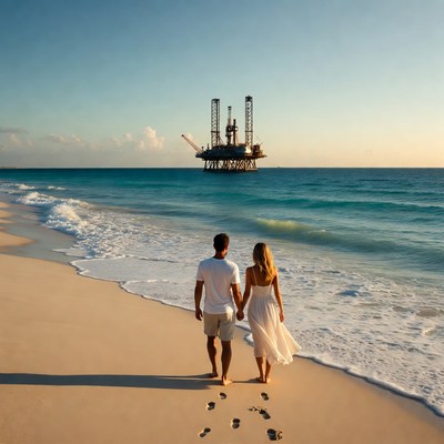 Couple walks on beach near oil rig