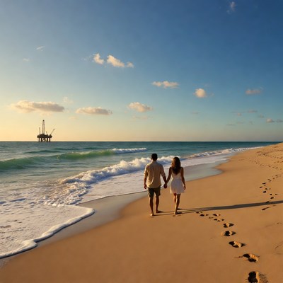 Couple walks on beach at sunset