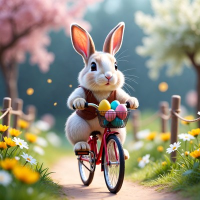 Bunny riding bike with eggs