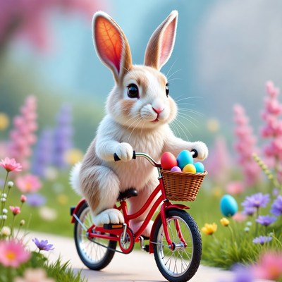 Bunny riding bicycle with eggs