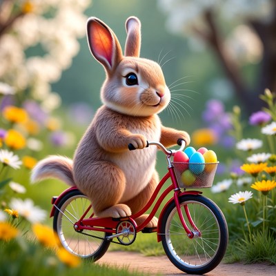 Rabbit rides bicycle with easter eggs