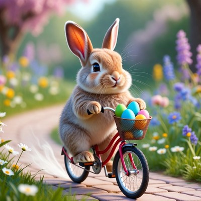 Bunny rides bike with eggs