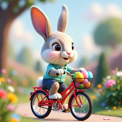 Bunny rides bike with easter eggs