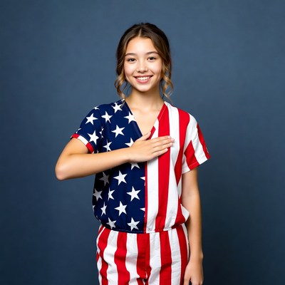 Girl with hand on heart in patriotic outfit