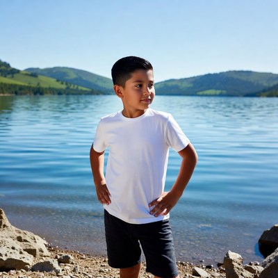 Boy standing by lake shore