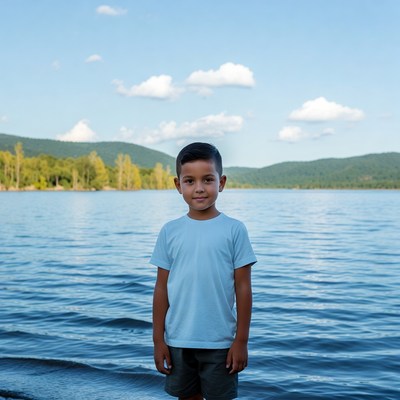Boy standing by lake during daytime