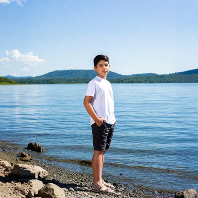 Boy standing by the lake