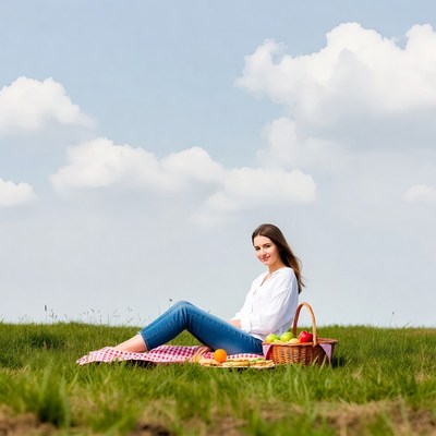Woman sitting on a picnic blanket outdoors