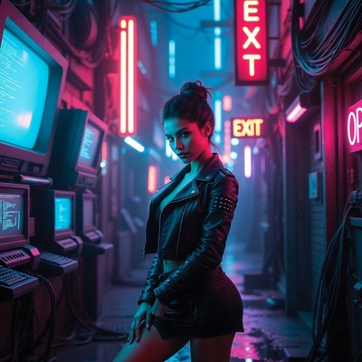 Young woman in neon alleyway
