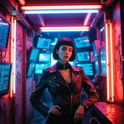 Woman in neon-lit room with screens