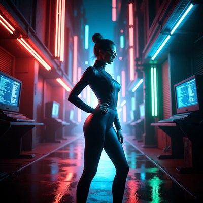 Neon city alley scene at night