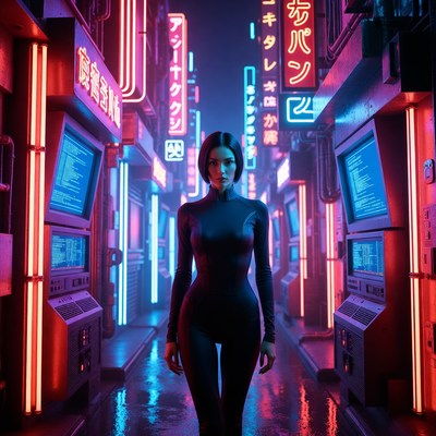 Neon lights in city alley at night